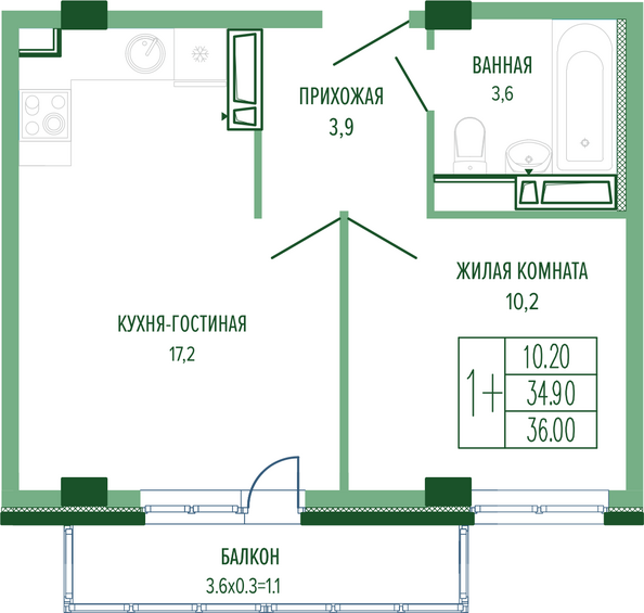 Планировка 1-комн 36 м²