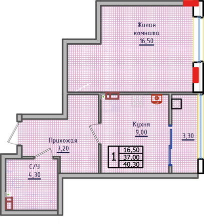 Планировка 1-комн 40,3, 40,4 м²