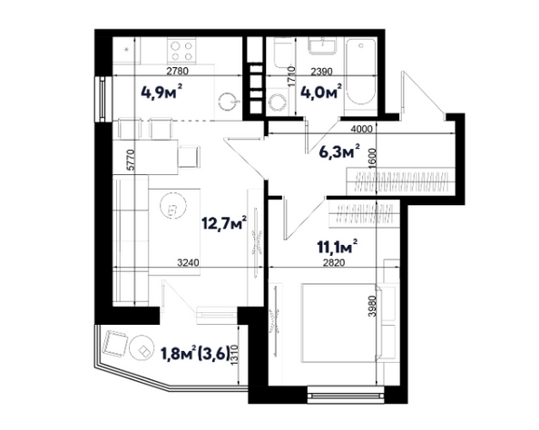Планировка 2-комн 40,8 м²