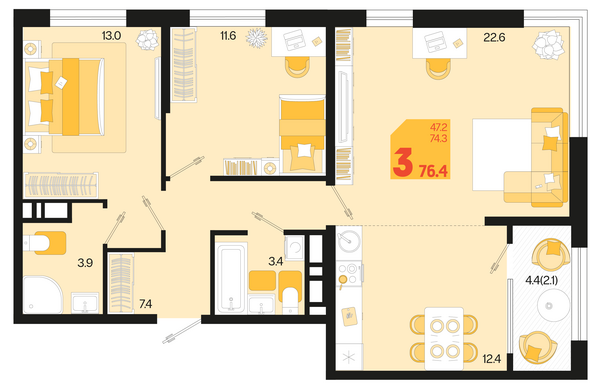 Планировка 3-комн 76,4, 77,7 м²