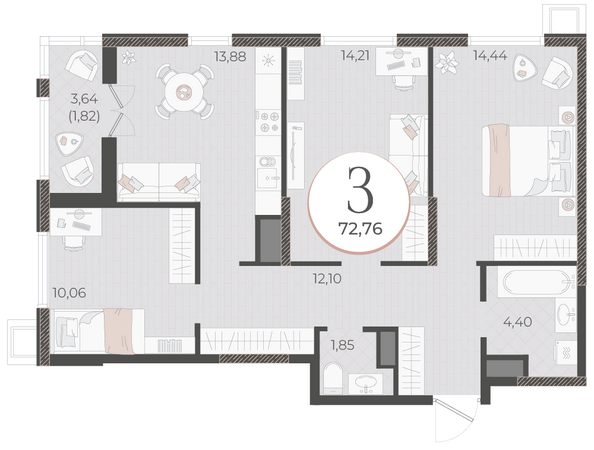 Планировка 3-комн 72,76 м²