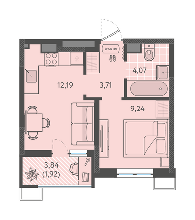 Планировка 1-комн 31,13 м²