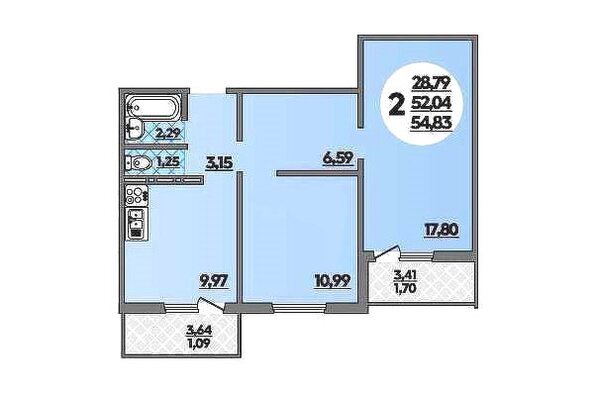 Планировка 2-комн 59,23 - 60,6 м²