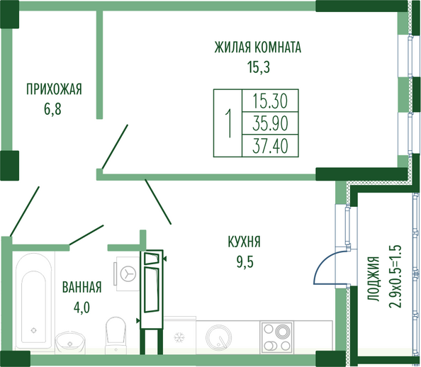 Планировка 1-комн 37,4 м²