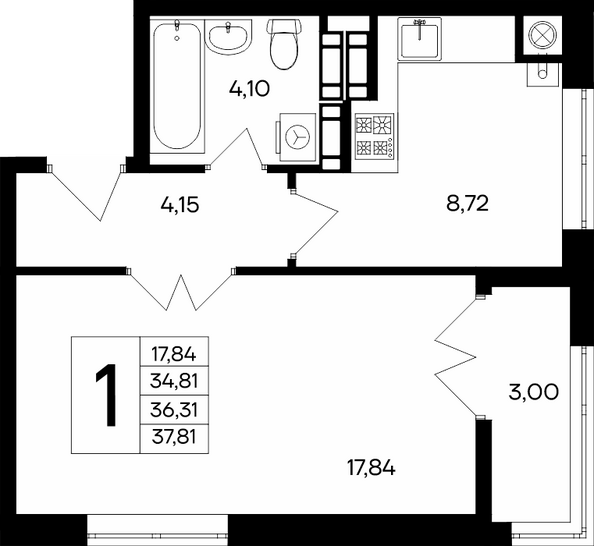 Планировка 1-комн 37,81, 38,18 м²