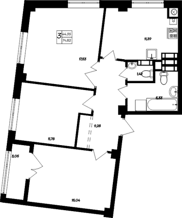 Планировка 3-комн 74,3 - 74,82 м²