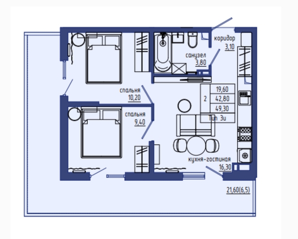 Планировка 3-комн 49,3 м²