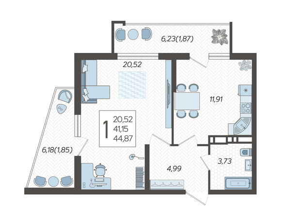Планировка 1-комн 44,87 м²