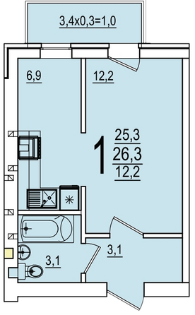 Планировка 1-комн 26,3 м²