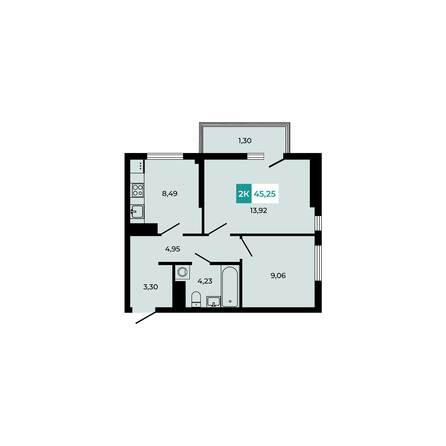 Планировка 2-комн 45,25 м²