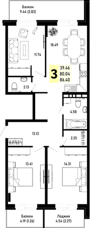 Планировка 3-комн 86,4 м²
