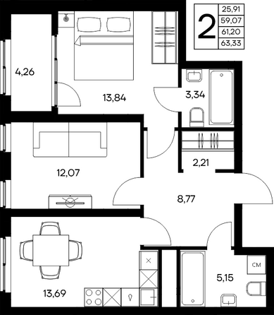 Планировка 2-комн 63,33 м²