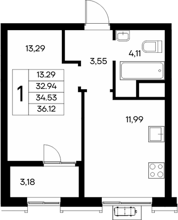 Планировка 1-комн 36,12, 36,22 м²