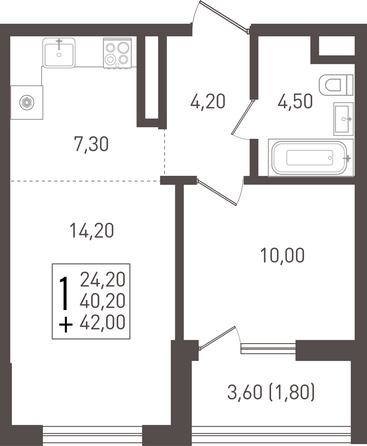 Планировка 1-комн 42 м²