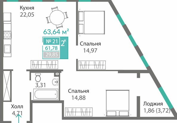 Планировка 2-комн 61,78 м²