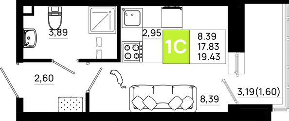 Планировка Студия 19,43 м²