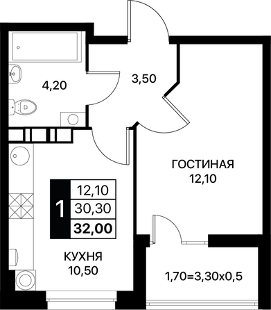 Планировка 1-комн 32 м²