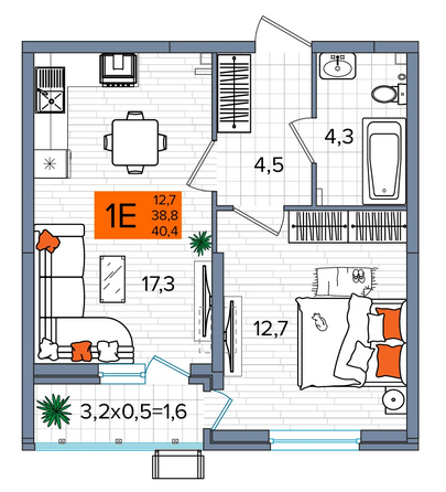 Планировка 1-комн 40,4 м²
