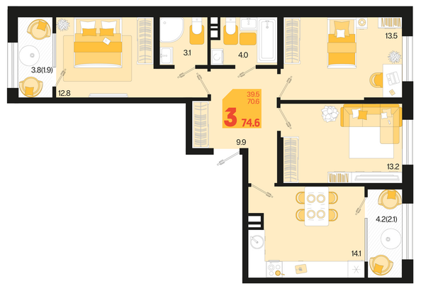 Планировка 3-комн 74,6 м²