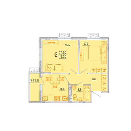 Планировка 2-комн 48,65 м²