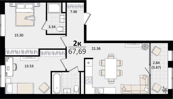 Планировка 2-комн 67,69 м²