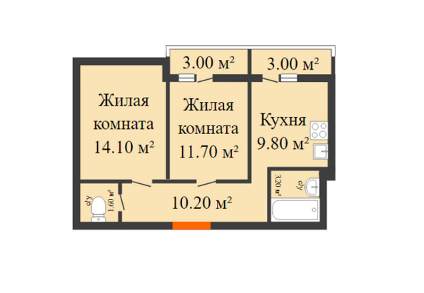 Планировка 2-комн 53,1 - 53,5 м²