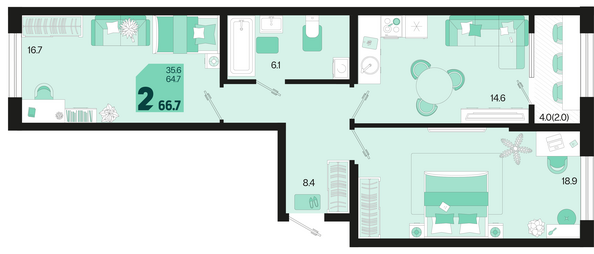 Планировка 2-комн 66,7 м²