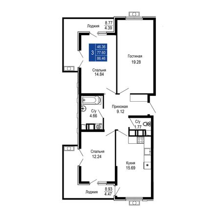 Планировка 3-комн 86,46 м²