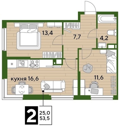 Планировка 2-комн 53,5 м²