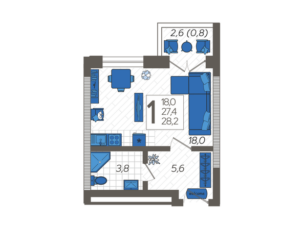 Планировка 1-комн 28,2 м²