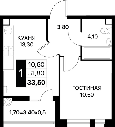 Планировка 1-комн 33,5 м²