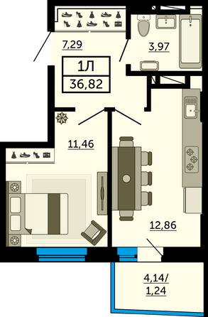 Планировка 1-комн 36,47, 36,65 м²