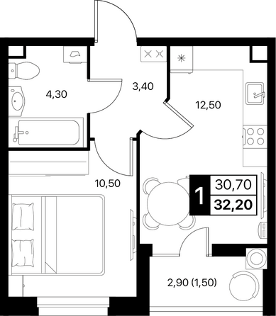 Планировка 1-комн 32,2, 32,4 м²