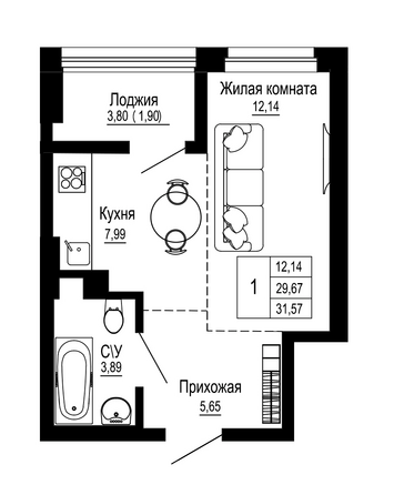 Планировка 1-комн 31,47 м²