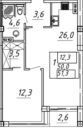 Планировка 1-комн 51,3 м²