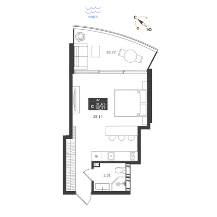Планировка Апартамент 42,3, 42,37 м²