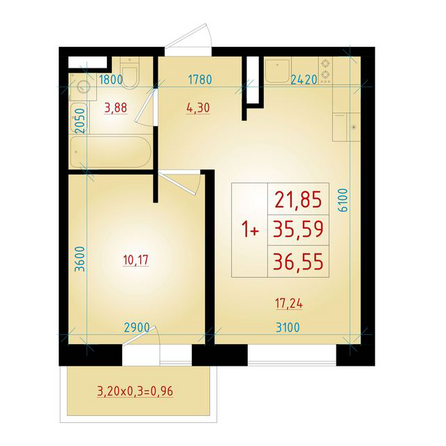 Планировка 1-комн 36,55 м²