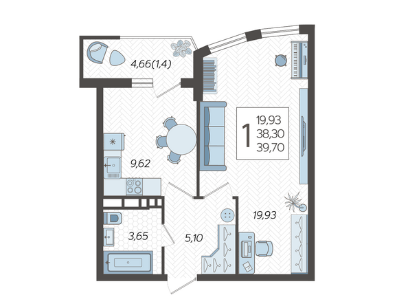 Планировка 1-комн 39,7 м²