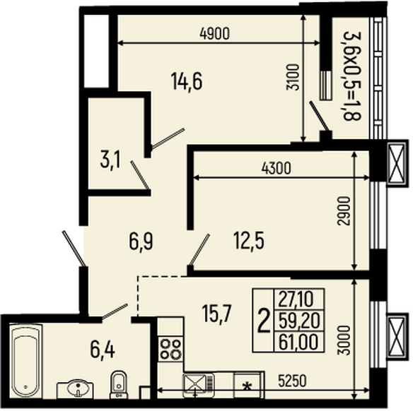 Планировка 2-комн 61 м²