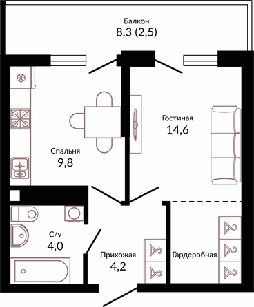 Планировка 1-комн 35,1 м²