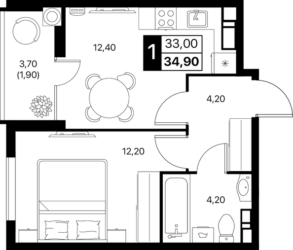 Планировка 1-комн 34,9, 35,3 м²