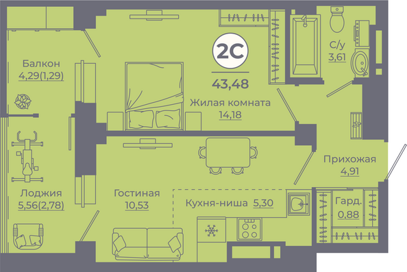 Планировка 2-комн 43,07 - 43,48 м²
