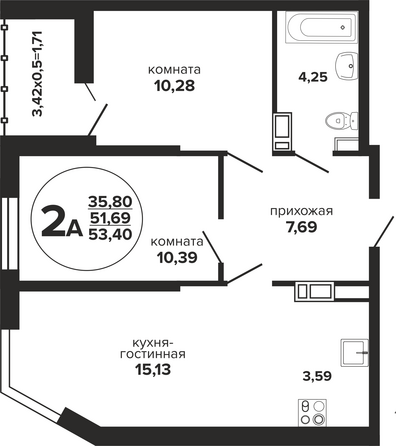 Планировка 2-комн 53,4 м²