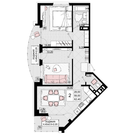 Планировка 2-комн 62,4 м²