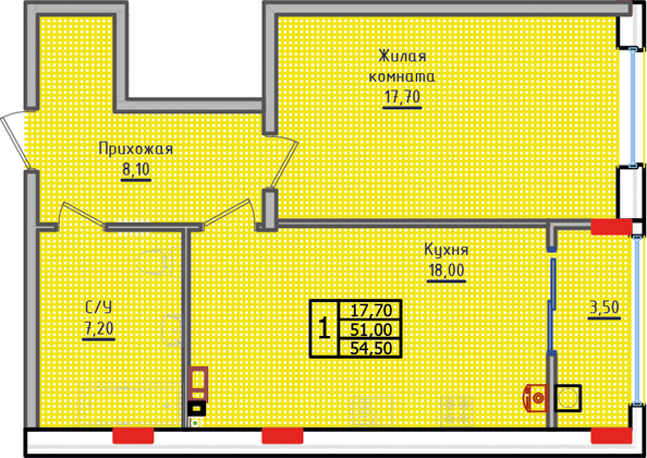 Планировка 1-комн 54,5 м²