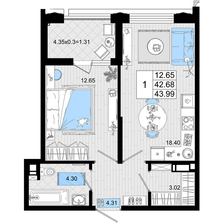 Планировка 1-комн 43,99 м²