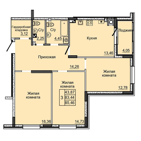 Планировка 3-комн 85,46 м²