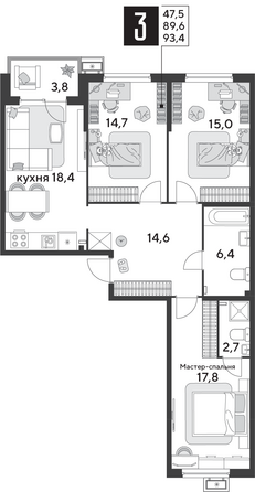 Планировка 3-комн 93,4 м²