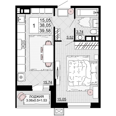 Планировка 1-комн 39,58 м²