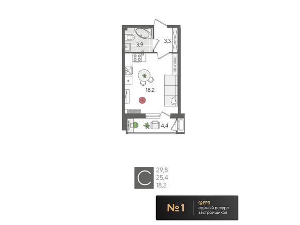 Планировка Студия 29,8 м²
